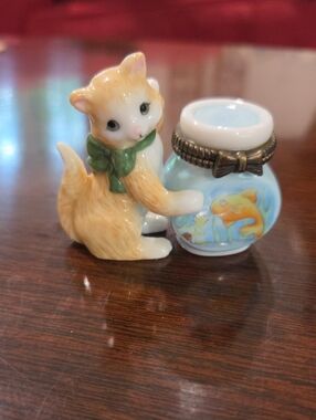 Kitten with Blue Fishbowl Figurine Hinged Trinket Box -Midwest Of Cannon Falls